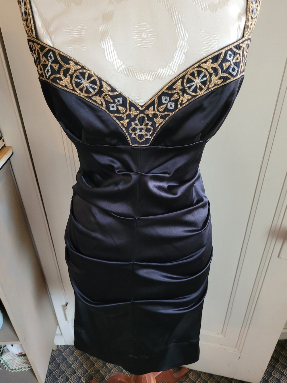 Black Satin Midi Dress with Gold Embroidered Trim
